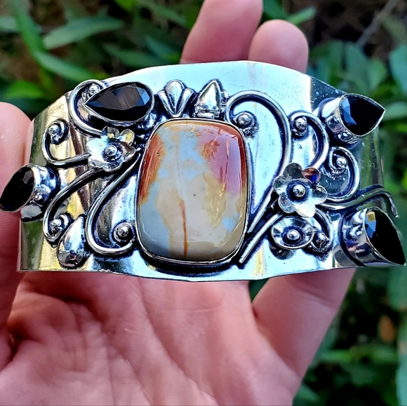 New Mookaite Jasper and Spinnel Cuff 925 Silver Bracelet. - Picture 6 of 16